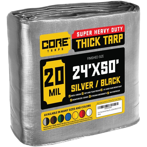 Core Tarps 50 ft L x 0.5 mm H x 24 ft W Heavy Duty 20 Mil Tarp, Silver/Black, Polyethylene CT-701-24X50